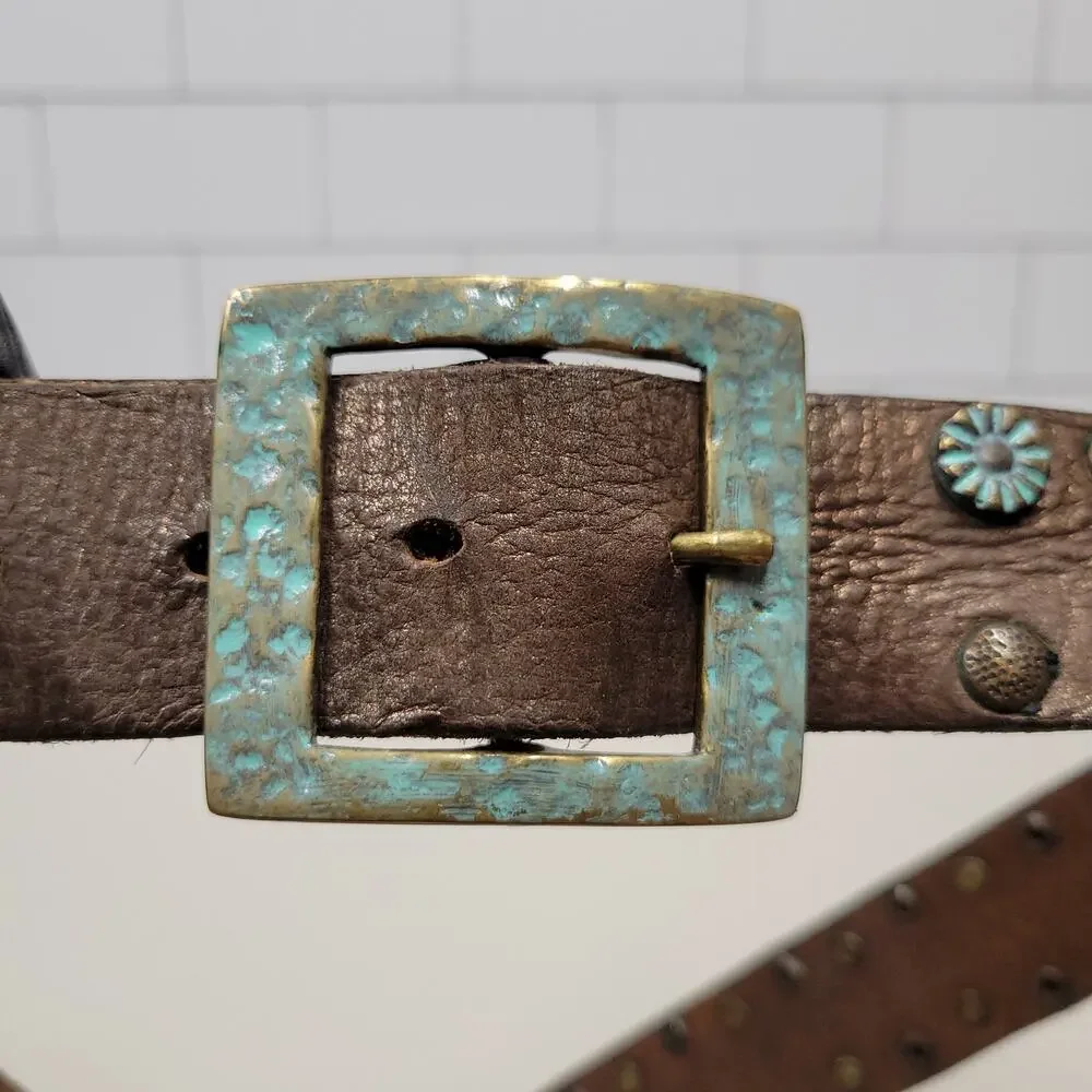 Nine West Brown Leather Studded Belt Turquoise Buckle Women's Size L/XL